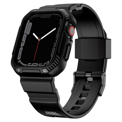 Integrated Carbon Fiber Pattern Silicone Watch Band For Apple Watch Series 8&7 45mm / SE 2&6&SE&5&4 44mm / 3&2&1 42mm(Black)-garmade.com