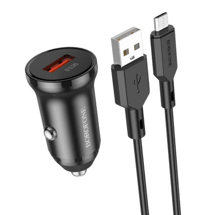 Borofone BZ18 Single USB Port QC3.0 Car Charger with Micro USB Charging Cable(Black)-garmade.com