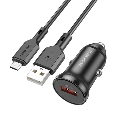 Borofone BZ18 Single USB Port QC3.0 Car Charger with Micro USB Charging Cable(Black)-garmade.com