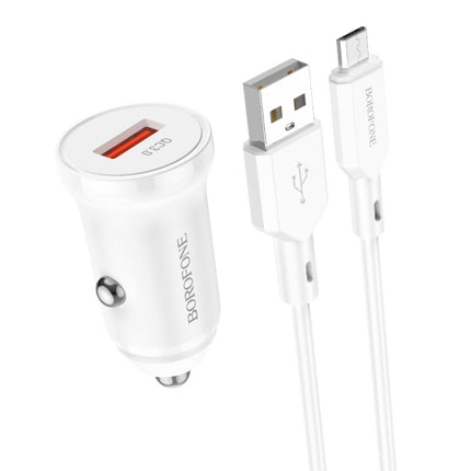 Borofone BZ18 Single USB Port QC3.0 Car Charger with Micro USB Charging Cable(White)-garmade.com