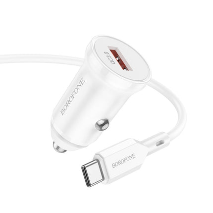 Borofone BZ18 Single USB Port QC3.0 Car Charger with Type-C / USB-C Charging Cable(White)-garmade.com