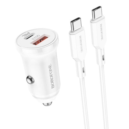 Borofone BZ18A PD20W+QC3.0 Car Charger with Type-C / USB-C to Type-C / USB-C Charging Cable(White)-garmade.com