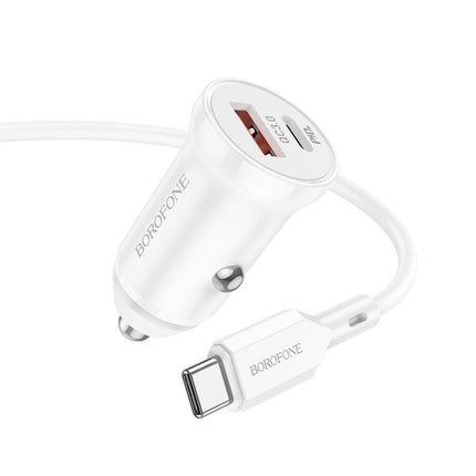 Borofone BZ18A PD20W+QC3.0 Car Charger with Type-C / USB-C to Type-C / USB-C Charging Cable(White)-garmade.com