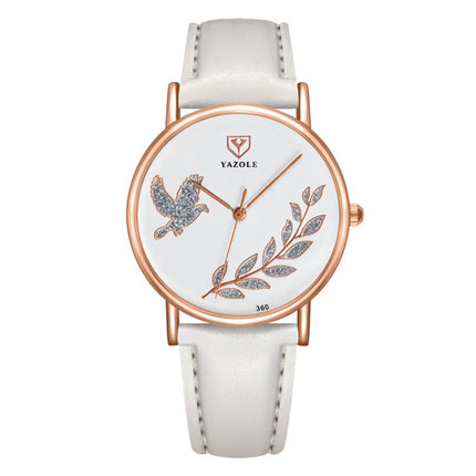 YAZOLE 360 Leather Band Dove of Peace Diamond Lady Watch(White+White)-garmade.com