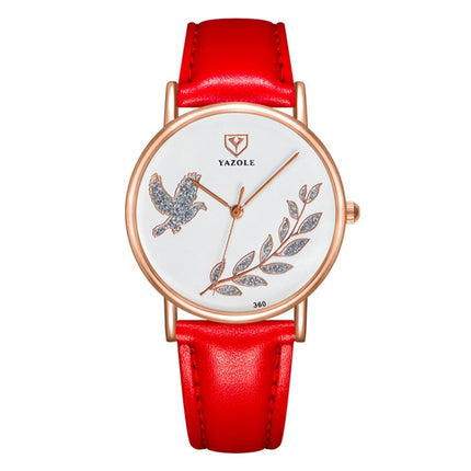 YAZOLE 360 Leather Band Dove of Peace Diamond Lady Watch(White+Red)-garmade.com