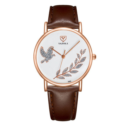 YAZOLE 360 Leather Band Dove of Peace Diamond Lady Watch(White+Brown)-garmade.com