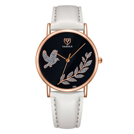 YAZOLE 360 Leather Band Dove of Peace Diamond Lady Watch(Black+White)-garmade.com