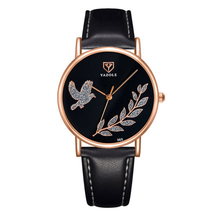 YAZOLE 360 Leather Band Dove of Peace Diamond Lady Watch(Black+Black)-garmade.com