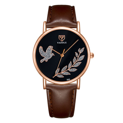 YAZOLE 360 Leather Band Dove of Peace Diamond Lady Watch(Black+Brown)-garmade.com