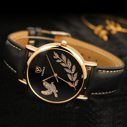 YAZOLE 360 Leather Band Dove of Peace Diamond Lady Watch(Black+Brown)-garmade.com