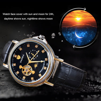 YAZOLE 379 Leather Band Large Dial Tourbillon Mechanical Watch(Black+Brown)-garmade.com