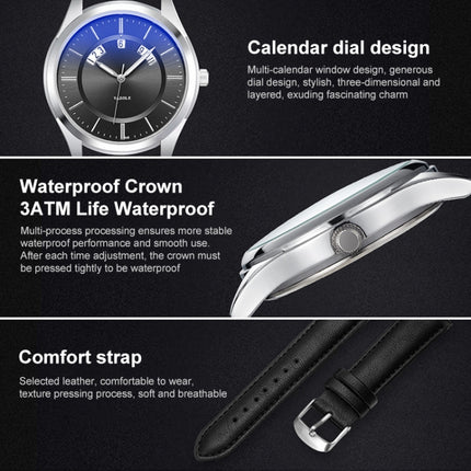 YAZOLE 513 Leather Band Calendar Waterproof Quartz Watch(Blue+Black)-garmade.com