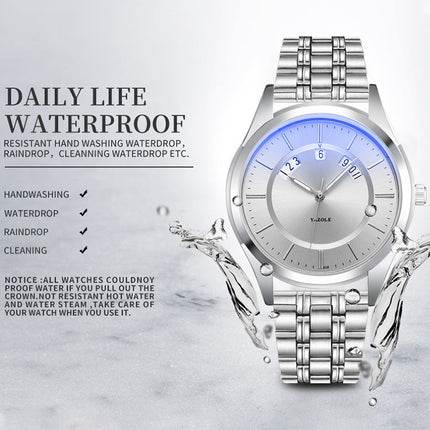 YAZOLE 513 Steel Band Calendar Waterproof Quartz Watch(Silver Dial)-garmade.com