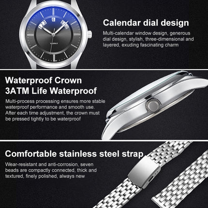 YAZOLE 513 Steel Band Calendar Waterproof Quartz Watch(Black Dial)-garmade.com