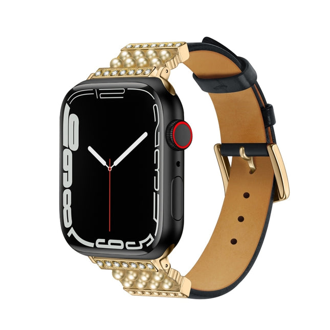 Pearl Diamond Leather Watch Band For Apple Watch Series 9&8&7 41mm / SE 3&SE 2&6&SE&5&4 40mm / 3&2&1 38mm(Black)-garmade.com