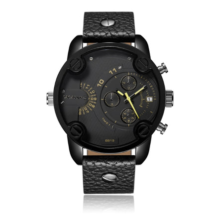 CAGARNY 6819 Multifunctional Dual Time Zone Quartz Business Sport Watch for Men(Black Shell Black Surface Black Leather)-garmade.com