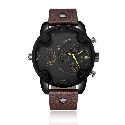 CAGARNY 6819 Multifunctional Dual Time Zone Quartz Business Sport Watch for Men(Black Shell Black Surface Brown Leather)-garmade.com