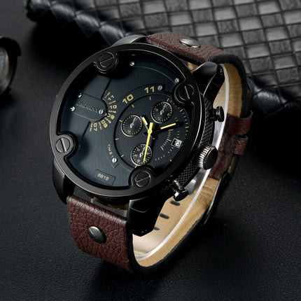 CAGARNY 6819 Multifunctional Dual Time Zone Quartz Business Sport Watch for Men(Black Shell Black Surface Brown Leather)-garmade.com
