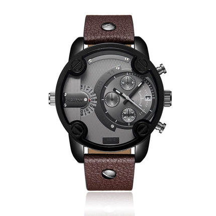CAGARNY 6819 Multifunctional Dual Time Zone Quartz Business Sport Watch for Men(Black Shell Grey Surface Brown Leather)-garmade.com