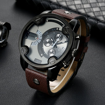 CAGARNY 6819 Multifunctional Dual Time Zone Quartz Business Sport Watch for Men(Black Shell Grey Surface Brown Leather)-garmade.com