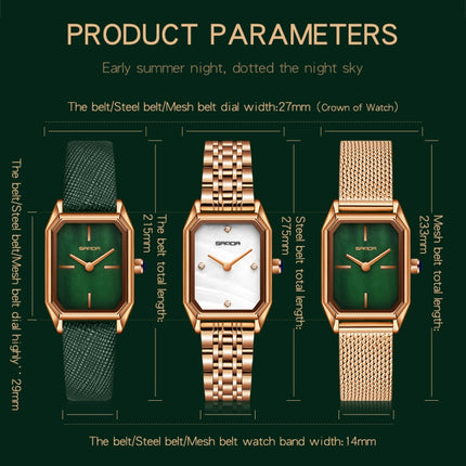 SANDA 1096 Bold Octagonal Dial Waterproof Lady Watch, Style:Mesh Band(Green)-garmade.com