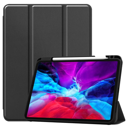 For iPad Pro 12.9 inch 2020 Custer Pattern Pure Color TPU Smart Tablet Holster with Sleep Function & Tri-Fold Bracket & Pen Slot(Black)-garmade.com