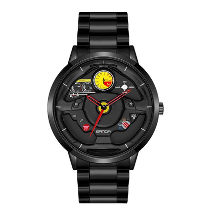 SANDA 1085 Steering Wheel Hollow Dial Waterproof Quartz Watch, Style:Steel Band(Black)-garmade.com