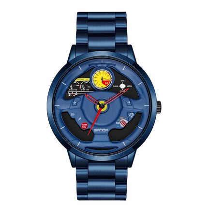 SANDA 1085 Steering Wheel Hollow Dial Waterproof Quartz Watch, Style:Steel Band(Blue)-garmade.com