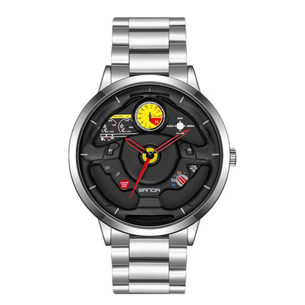 SANDA 1085 Steering Wheel Hollow Dial Waterproof Quartz Watch, Style:Steel Band(Silver)-garmade.com