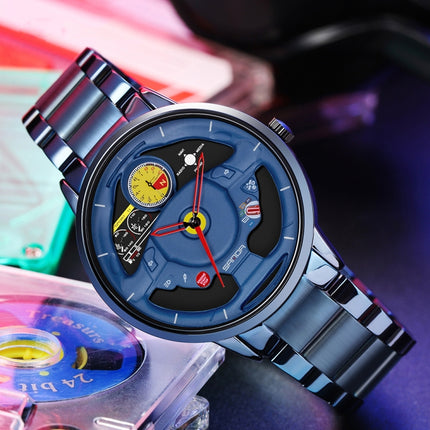 SANDA 1085 Steering Wheel Hollow Dial Waterproof Quartz Watch, Style:Steel Band(Blue)-garmade.com