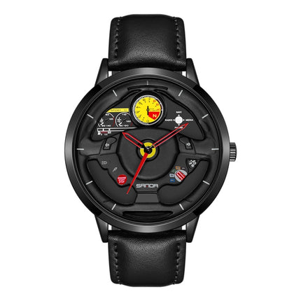 SANDA 1085 Steering Wheel Hollow Dial Waterproof Quartz Watch, Style:Leather Band(Black)-garmade.com