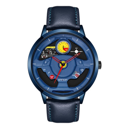 SANDA 1085 Steering Wheel Hollow Dial Waterproof Quartz Watch, Style:Leather Band(Blue)-garmade.com