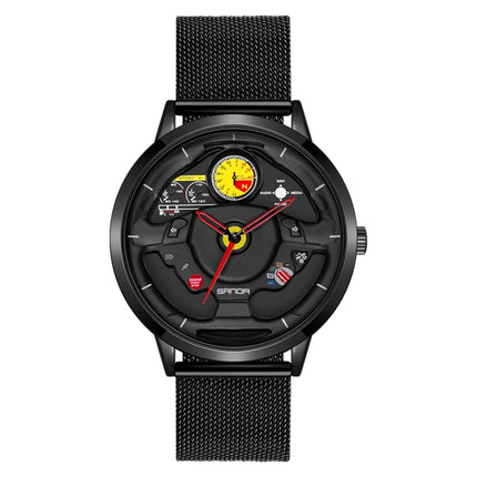 SANDA 1085 Steering Wheel Hollow Dial Waterproof Quartz Watch, Style:Mesh Band(Black)-garmade.com