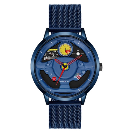 SANDA 1085 Steering Wheel Hollow Dial Waterproof Quartz Watch, Style:Mesh Band(Blue)-garmade.com