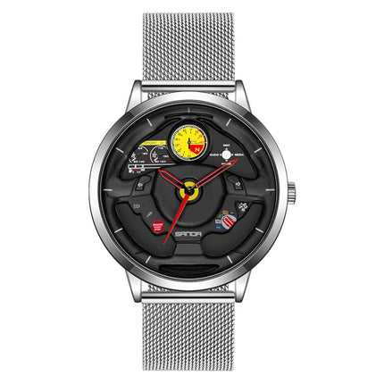 SANDA 1085 Steering Wheel Hollow Dial Waterproof Quartz Watch, Style:Mesh Band(Silver)-garmade.com