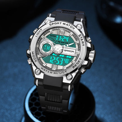 SANDA 6092 Luminous Dual Time Display Waterproof Sports Watch(Black Blue)-garmade.com