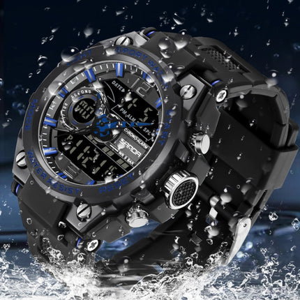 SANDA 6092 Luminous Dual Time Display Waterproof Sports Watch(Black Red)-garmade.com