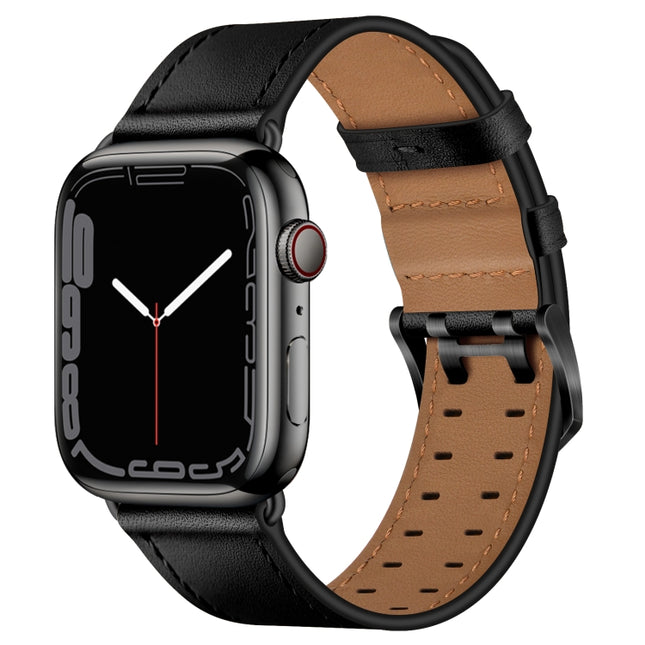 Double Buckles Leather Watch Band For Apple Watch Series 9&8&7 41mm / SE 3&SE 2&6&SE&5&4 40mm / 3&2&1 38mm(Black Black Buckle)-garmade.com