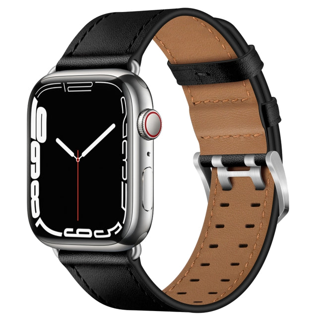Double Buckles Leather Watch Band For Apple Watch Series 9&8&7 41mm / SE 3&SE 2&6&SE&5&4 40mm / 3&2&1 38mm(Black Silver Buckle)-garmade.com