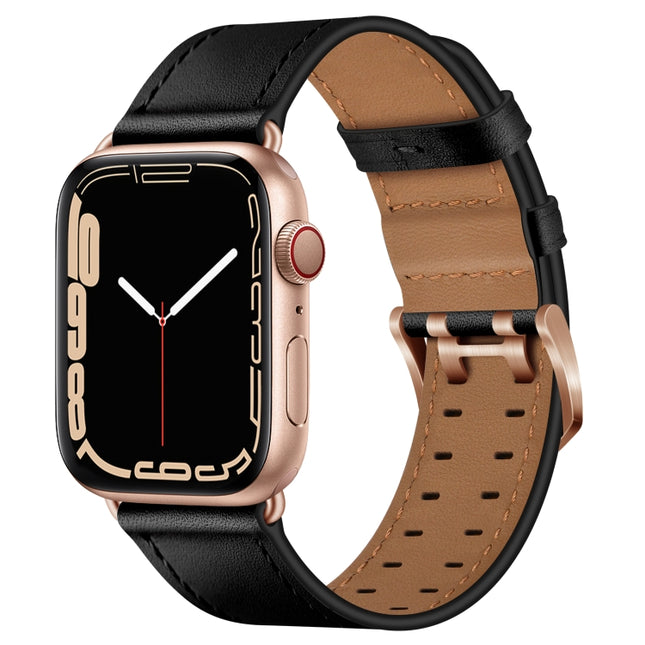 Double Buckles Leather Watch Band For Apple Watch Ultra 49mm&Watch Ultra 2 49mm / Series 9&8&7 45mm / SE 3&SE 2&6&SE&5&4 44mm / 3&2&1 42mm(Black Rose Gold Buckle)-garmade.com
