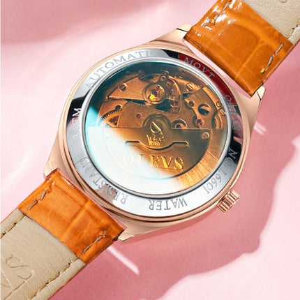 OLEVS 6611 Dragonfly Dual Calendar Mechanical Ladies Watch(Orange)-garmade.com