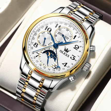 OLEVS 6667 Multifunction Waterproof Luminous Mechanical Men Watch(Steel Band+Gold White)-garmade.com