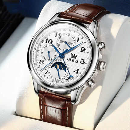 OLEVS 6667 Multifunction Waterproof Luminous Mechanical Men Watch(Leather Band+White)-garmade.com