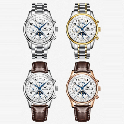 OLEVS 6667 Multifunction Waterproof Luminous Mechanical Men Watch(Leather Band+White)-garmade.com