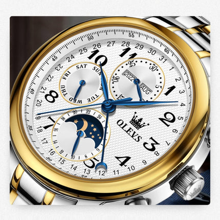 OLEVS 6667 Multifunction Waterproof Luminous Mechanical Men Watch(Steel Band+Gold White)-garmade.com