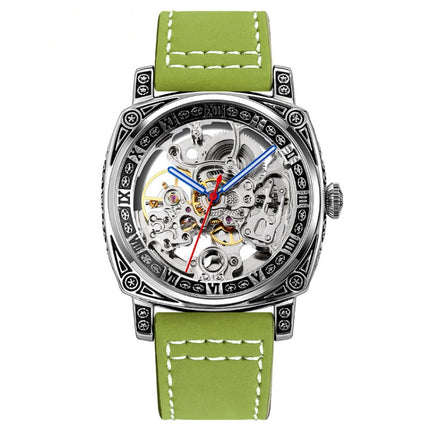 SKMEI 9271 Stainless Steel Buckle Leather Strap Waterproof Mechanical Watch(Green)-garmade.com