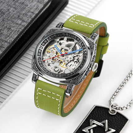SKMEI 9271 Stainless Steel Buckle Leather Strap Waterproof Mechanical Watch(Green)-garmade.com