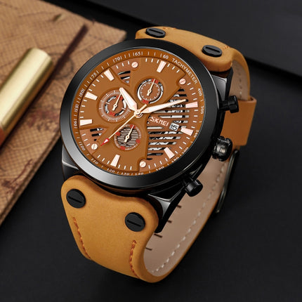 SKMEI 9282 Stainless Steel Buckle Leather Strap Waterproof Quartz Watch(Brown Belt Black Surface)-garmade.com