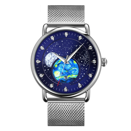SKMEI 9283 Stainless Steel Buckle Glass Mirror Waterproof Quartz Watch, Shape:Steel Belt(Blue)-garmade.com