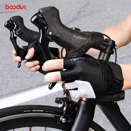 BOODUN Non-slip Half Finger Shock Absorption Breathable Heat Dissipation Outdoor Riding Gloves, Size:L(Black and White)-garmade.com